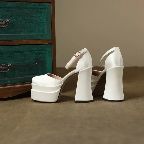 Wedding White Platform Heels with Ankle Strap Size 5 - Picture 3 of 9